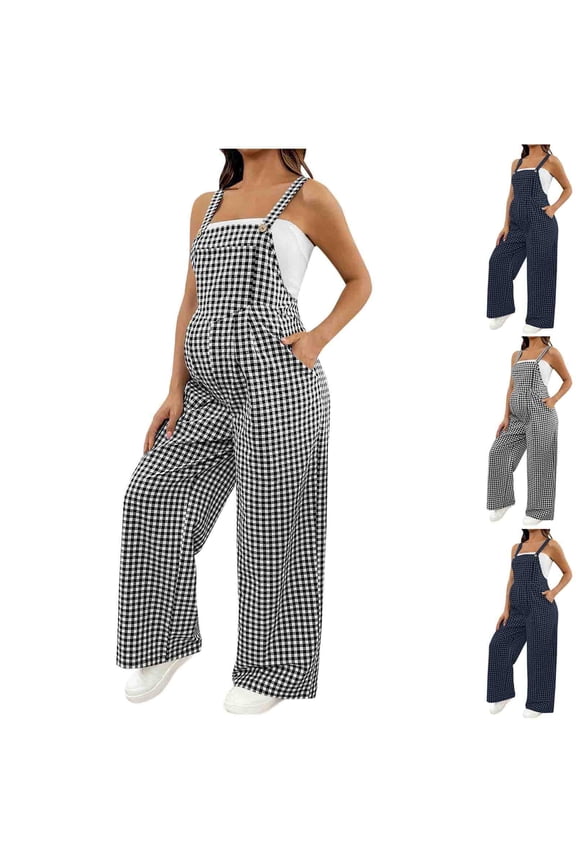 Women's Maternity Overalls Gingham Print Sleeveless Wide Leg Naternity Pants Adjustable Pregnancy Bib Jumpsuits with Pockets