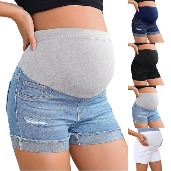 ShaoRunShi Women's Maternity Shorts Over Belly Maternity Jean Shorts Adjustable High Waist Pregnancy Summer Mini Short