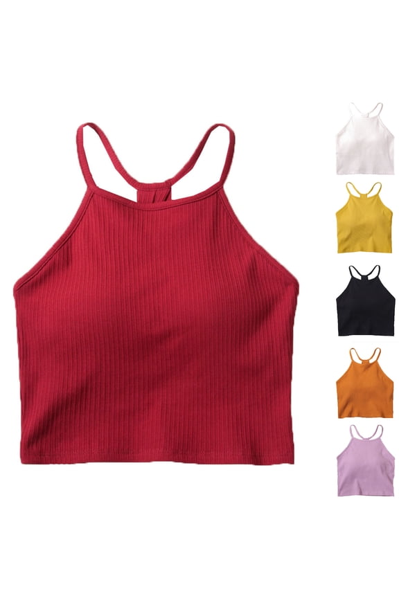Women's Ribbed Camisole Crop Tank Tops Racerback Tank Top with Built in Bra Basic Cotton Cami Tops