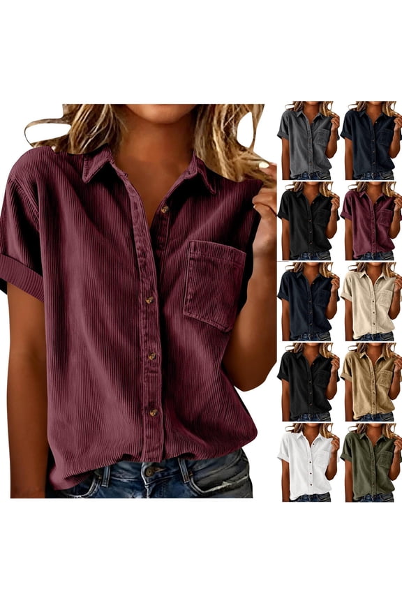 ShaoRunShi Womens Button Down Corduroy Shirts Short Sleeve Collared Summer Tops Casual Soft Comfy Tunic Blouses with Pocket