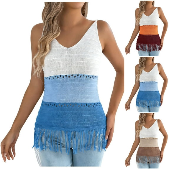 ShaoRunShi Womens Crochet Knit Tank Tops Sleeveless V Neck Fringe Boho Top Color Block Beach Vacation Camisole