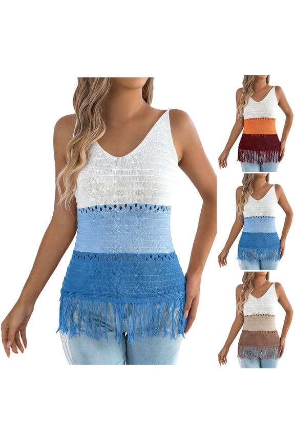 Womens Crochet Knit Tank Tops Sleeveless V Neck Fringe Boho Top Color Block Beach Vacation Camisole
