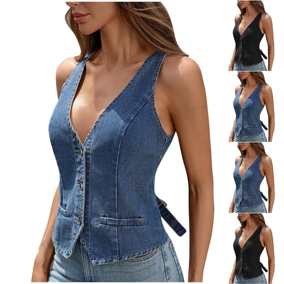 ShaoRunShi Womens Denim Vest Sleeveless V neck Jean Suit Waistcoat Vest Button Down Denim Tank Tops