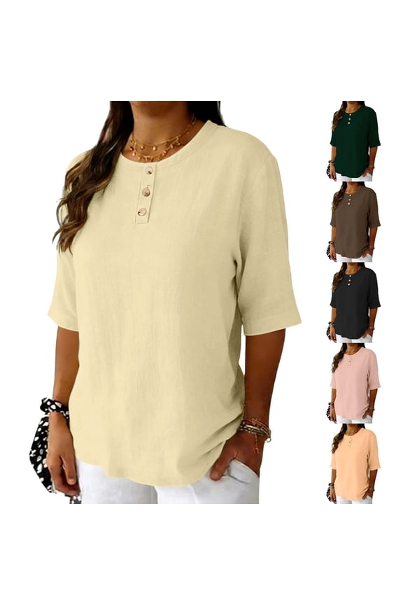 Womens Half Sleeve Henley Shirt Button Down Crewneck Linen Shirts Summer Beach Vacation Tops