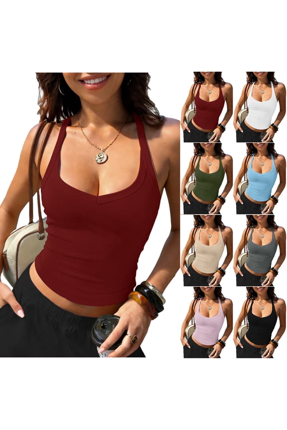 Womens Halter Tank Ribbed Tops Sleeveless Deep Scoop Neck Low Cut Crop Top Slim Fitted Cami Shirt