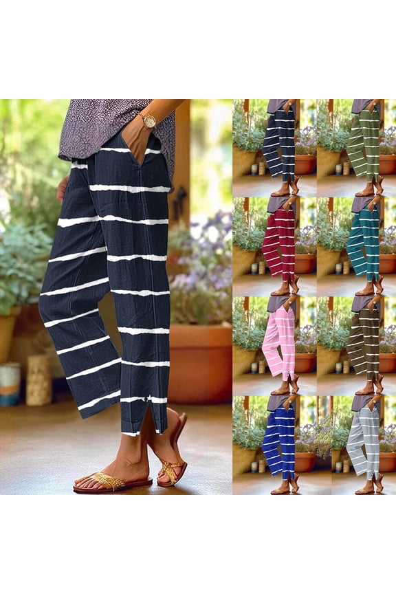 Womens Striped Ankle Length Pants Elastic Waist Straight Leg Cropped Pants Side Split Summer Casual Baggy Lounge Pants