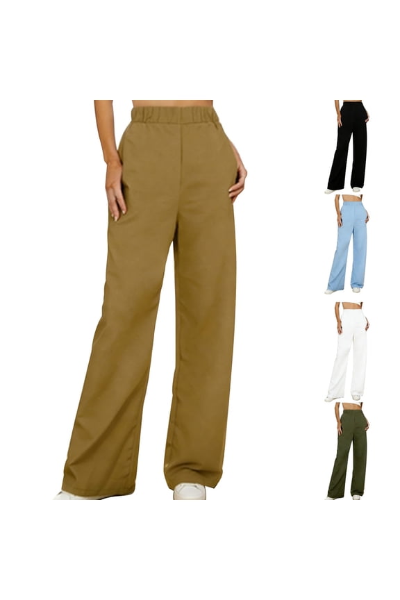 Womens Wide Leg Pants Elastic Waist Slacks Straight Leg Pull-on Chinos Pants with Pockets
