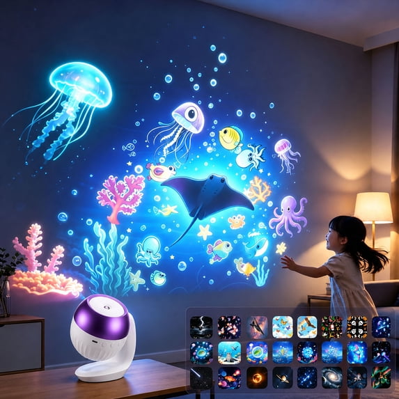ShaoXinWan 24-in-1 Rotating Projection Night Light with Multiple Slides, LED Starry Ocean Projector Lamp, Kids Bedroom Decor Light for Birthday Holiday and Sleep Aid