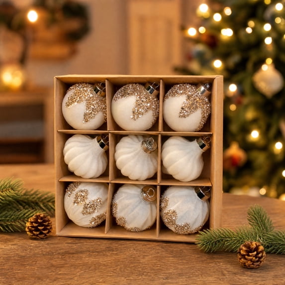 ShaoXinWan 9 Pcs Assorted Red Flocked Christmas Baubles, Gold Accent Shatterproof Tree Hanging Ornaments, Multi Style Holiday Decor for Wreath, Window and Wedding Party