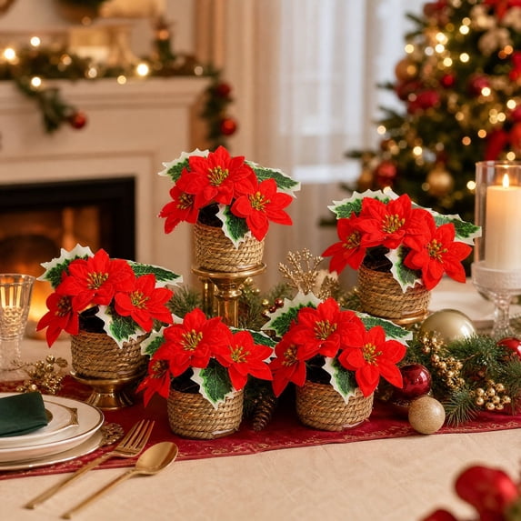ShaoXinWan Christmas Decorations Indoor Outdoor, Artificial Poinsettia Potted Flower Set, Faux Floral Arrangement with Basket for Table Mantel Entry
