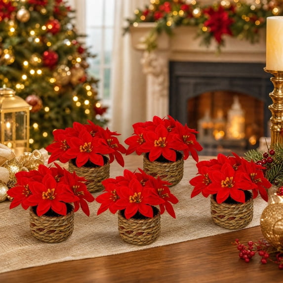 ShaoXinWan Christmas Decorations Indoor Outdoor, Artificial Poinsettia Potted Flower Set, Faux Floral Arrangement with Basket for Table Mantel Entry