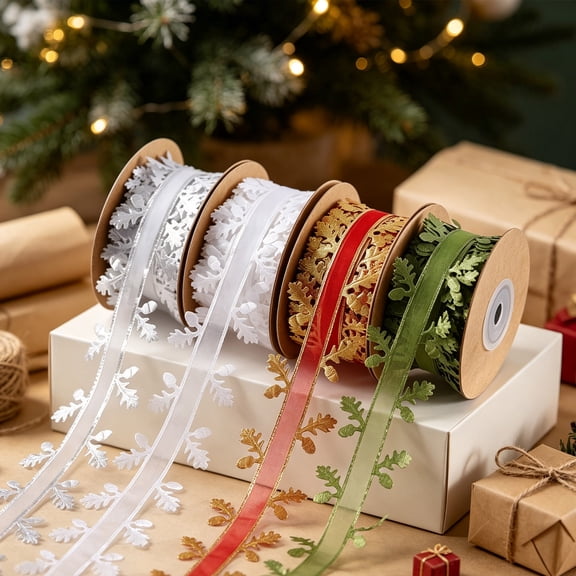 ShaoXinWan Christmas Embossed Leaf Lace Ribbon Roll,Decorative Leaf Pattern Craft Ribbon,Versatile Trim Ribbon for Gift Wrapping Holiday Decor and Themed Event Styling Use