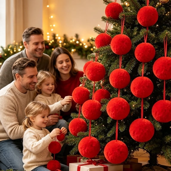 ShaoXinWan Christmas Furry Ball Ornaments, Green Plush Tree Hanging Decoration Set, with Red Accent for Tree Wreath Indoor Xmas Party Living Room Holiday Home Decor