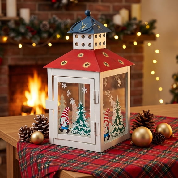 ShaoXinWan Christmas Gnome Metal Candle Lantern, Vintage Hanging Decorative Candle Holder with Printed Glass Window, Festive Iron Candle Lantern for Tabletop Mantel Porch Holiday Home Decor