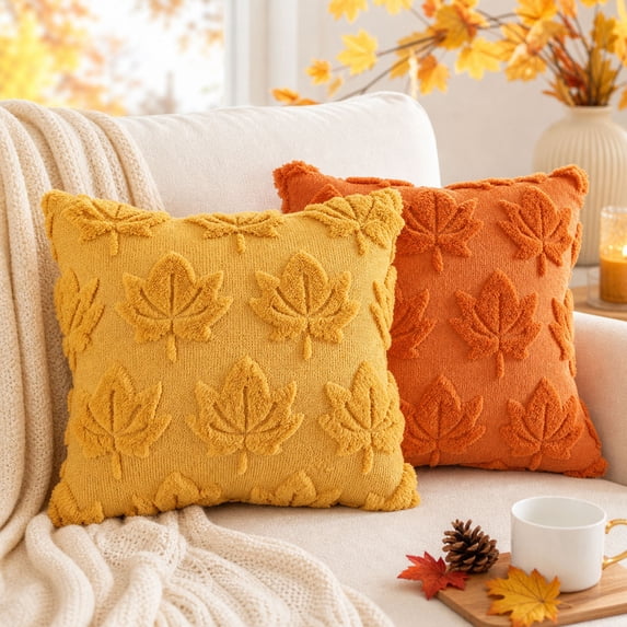 ShaoXinWan Fall Maple Leaf Throw Pillow Cover, Embossed Cushion Case with Beautifully Detailed Autumn Texture Accent, Fall Decor for Sofa Living Room