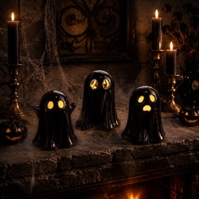 ShaoXinWan Halloween 3PCS Ghost Ceramic Lighted Figurines, Warm Glow Tabletop Seasonal Ornament, Multi Expression Indoor Decor for Mantel Tabletop and Holiday Party Decorations