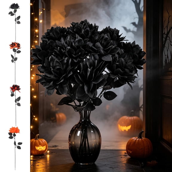 ShaoXinWan Halloween Black Fabric Rose Artificial Floral Bouquet, Gothic Style Bendable Stem Flower Decor, Reusable Spooky Floral Prop for Party Table, Entryway Display and Retail Window Layout