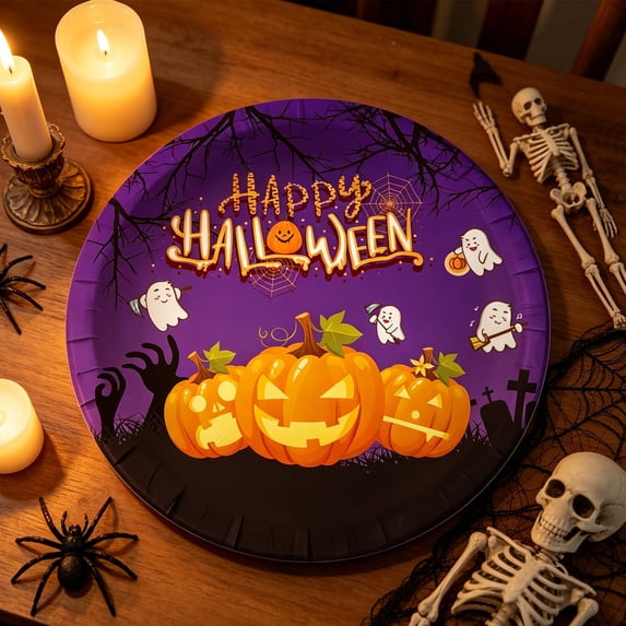 ShaoXinWan Halloween Disposable Party Tableware Set,Pumpkin Ghost Printed Paper Plates Napkins,Festive Paper Tableware for Halloween Party Dinner Gathering Event Supplies