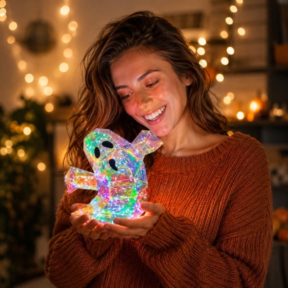 ShaoXinWan Halloween Faceted Holographic Ghost LED Table Lamp, Multi-Color Reflective Prism Phantom Light, Compact Seasonal Ornament for Mantel, Shelf, Party Centerpiece