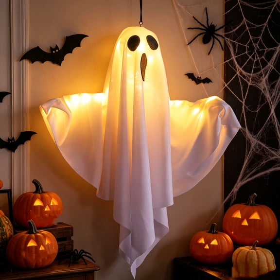 ShaoXinWan Halloween Floating Ghost Hanging Decor, White Polyester LED Warm Light Ghost Ornament with Hanging Loop, Reusable Seasonal Hanging Piece for Porch, Fence, Living Room