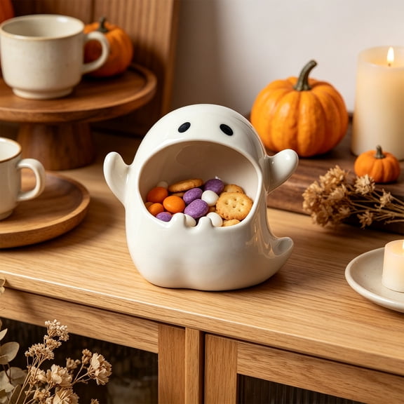 ShaoXinWan Halloween Ghost Candle Stand Open Mouth, Ceramic Spooky Decor for Tea Light, Halloween Decorations Indoor Outdoor for Mantel Shelf Table