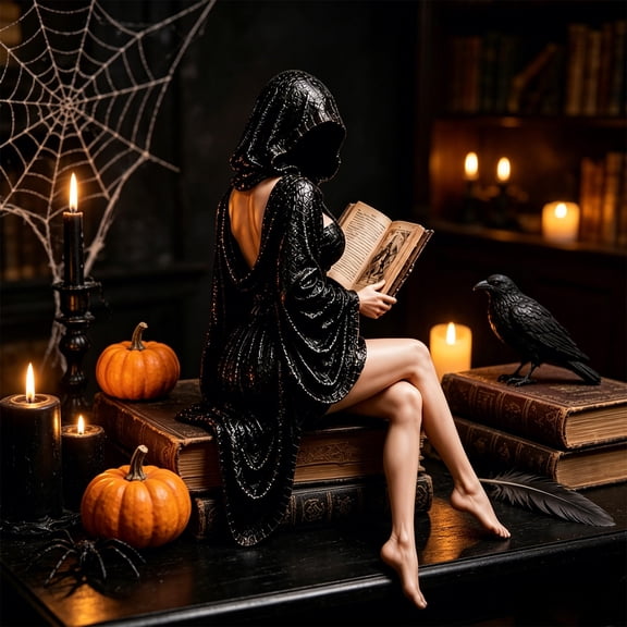 ShaoXinWan Halloween Gothic Hooded Reading Lady Statue,Spooky Resin Sculpture for Indoor Outdoor Home Yard Garden Porch Decor,Dark Mysterious Cloaked Woman Figurine Ornament Collectible Gift