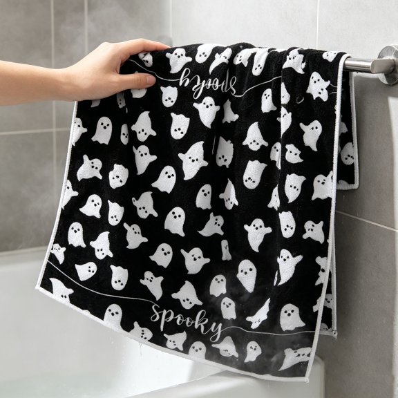 ShaoXinWan Halloween Hand Towel,Striped Letter and Ghost Print Absorbent Kitchen Towel,Soft Polyester Decorative Dishcloth for Fall Home Decor,Festive Bathroom Accent