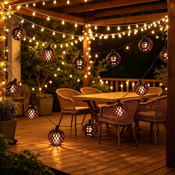ShaoXinWan Halloween Lantern String Lights,Flickering Flame Solar Patio Lights with 10 LED Globe Bulbs,Outdoor Hanging Patio Light for Garden Backyard Party & Tiki Decor