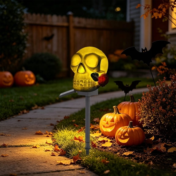 ShaoXinWan Halloween Solar Skull Stake Lights, Waterproof Outdoor LED Garden Decor with Warm Glow, Spooky Resin Ground Lamp for Yard Cemetery Spooky Theme Pathway Porch Decoration