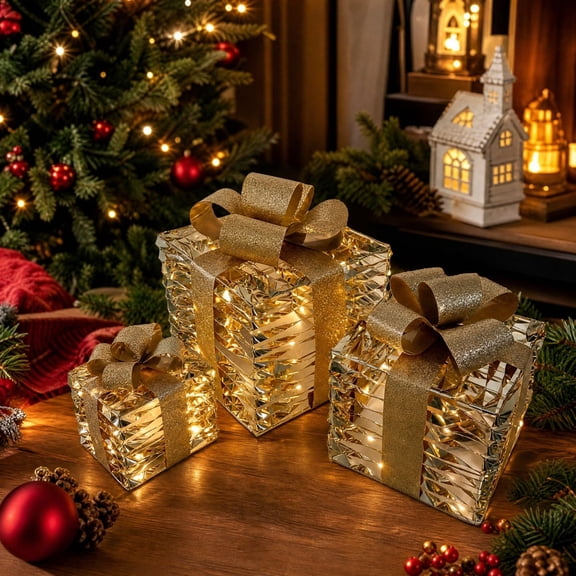 ShaoXinWan Lighted Christmas Gift Box Collection, Geometric Texture Display with Glitter Bow, Christmas Decorations Indoor Outdoor for Tree Fireplace Porch