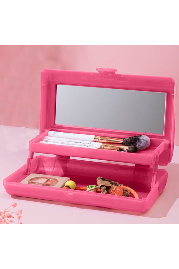 ShaoXinWan Makeup Box with Mirror, 2-Layer Folding Cosmetic Storage Bag for Travel, Portable Accessory Storage, Compact and Convenient for Students and Young Professionals(Hot Pink)