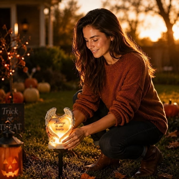 ShaoXinWan Memorial Solar Stake Light, Angel Wing Heart Resin Solar LED Grave Marker Lamp, Waterproof Auto On Off Landscape Light for Yard Lawn Cemetery Flower Bed Remembrance Outdoor Decor