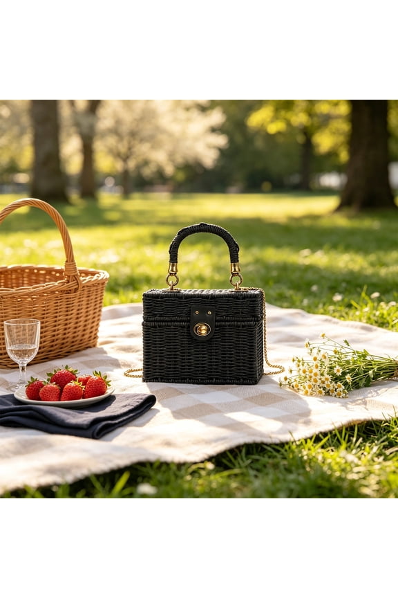 Paper Rope Woven Box Crossbody Bag,Straw Textured Mini Tote Purse with Chain Strap,Woven Handbag for Women Summer Beach Vacation Shopping Daily Use