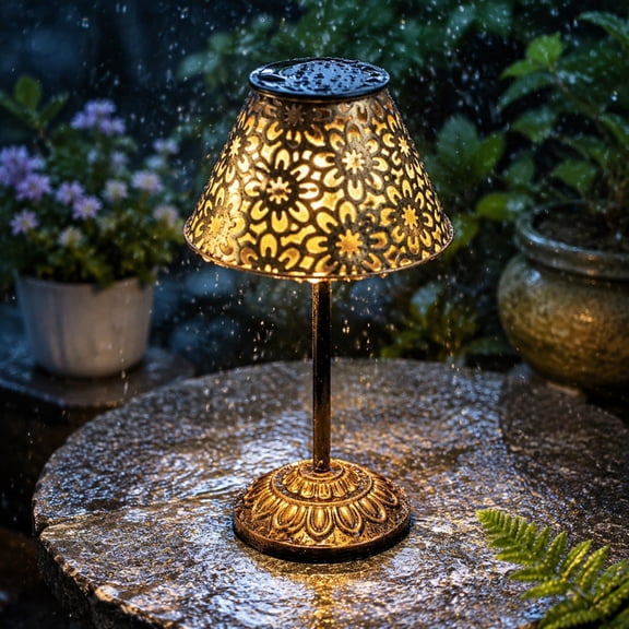 ShaoXinWan Solar Powered Vintage Metal Table Lamp,Hollow Floral LED Desk Lamp with Waterproof Design,Decorative LED Light for Patio Garden Wedding Tabletop Indoor Outdoor