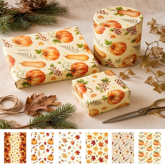 ShaoXinWan Thanksgiving Paper Gift Wrapping Set,Pumpkin Maple Leaf Theme Wraps,DIY Gift Box Wrapping Paper Supplies for Holiday Presents,Party Favors,Fall Decoration