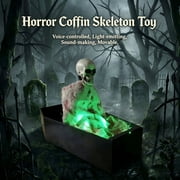 ShaoXinWan Voice Activated Skeleton Coffin Halloween Decor,Animated Rising Skull Prop with Green LED Lights,Suitable for Spooky Cottage Party Yard Porch Scene Decoration