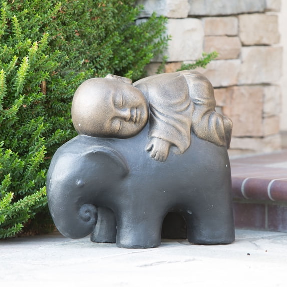 Shaolin Monk on Elephant Buddha Zen Garden Statues Good Luck Elephant - Rustic Gold