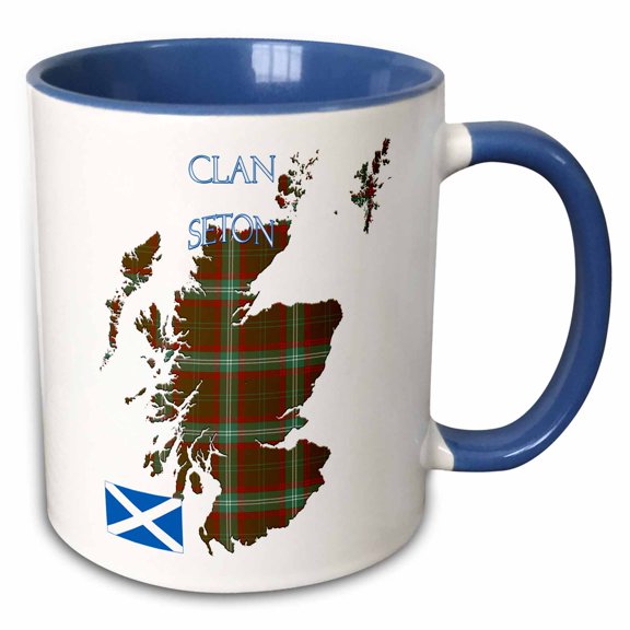 3drose, Shape of Scotland with the Seton Hunting Clan Family Tartan., 11oz Two-tone Blue Mug