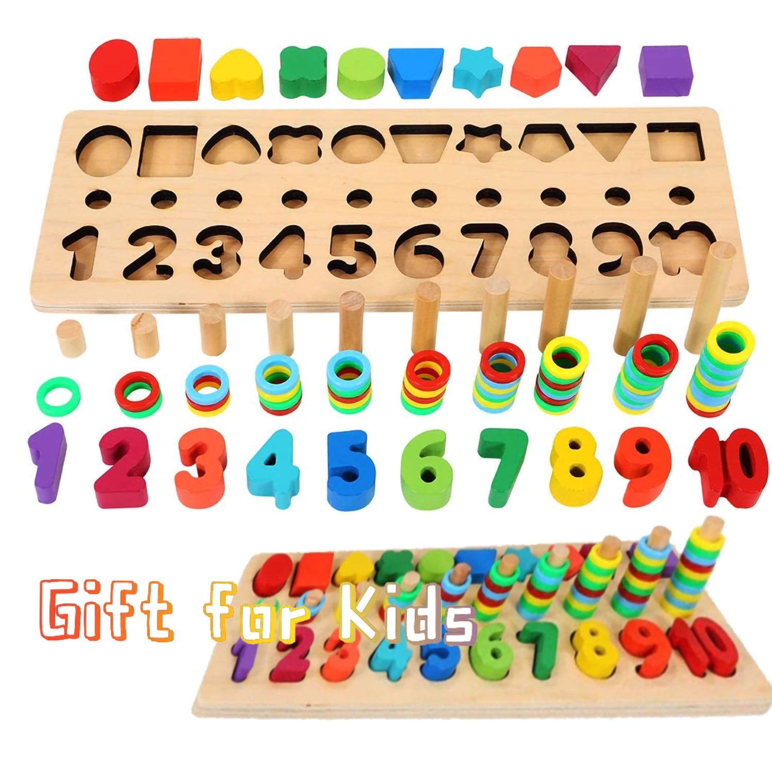 Shape Sorting Number Counting Toys, Wooden Montessori Puzzle Toys for Toddlers with Color