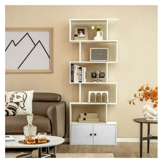 -Shaped Bookshelf with Cabinet, 6-Tier Freestanding Bookcase, White Engineered Wood, 27.5"x9"x72", Living Room, Bedroom, Home Office Storage, Anti-Toppling Device