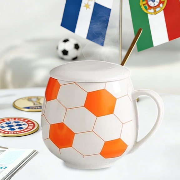 Shaped Ceramic Mug Football Sports Coffee Cup Gift Set, World Cup Fan Desk Kitchen Drinkware with Lid Spoon Box, 3.5x2.91 Inches