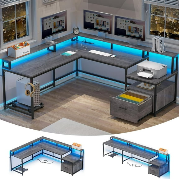Shaped Desk, 66" Home Office Desk with Wood File Drawer & Power Outlet, Gaming Desk with Led Lights, Corner Computer Desk with Monitor Shelf, Printer Storage Shelves, Two Person Desk, Grey