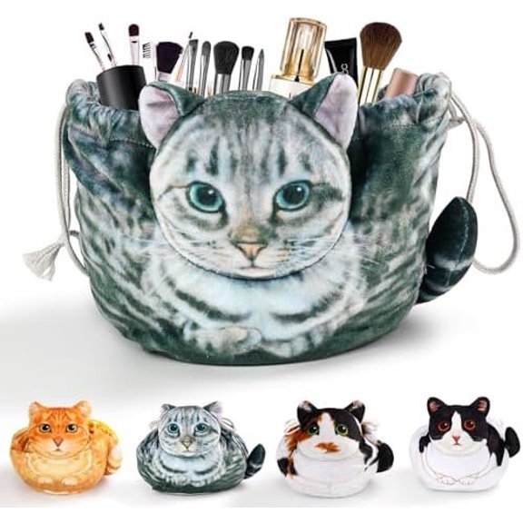 Shaped Drawstring Makeup Bag for Women - Grey Tabby  Design  Case
