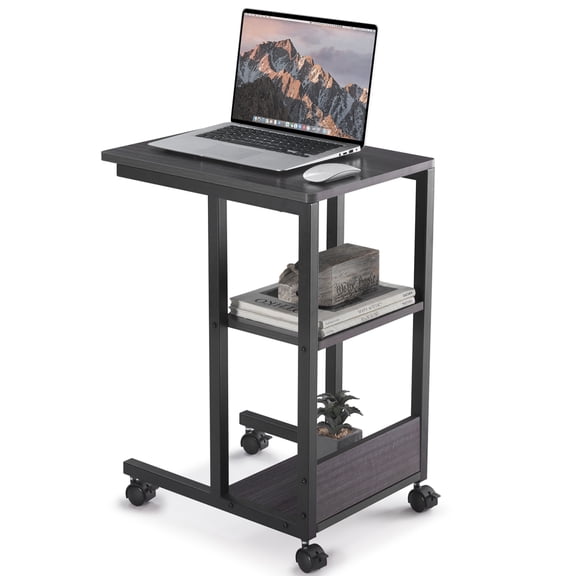 Shaped End Table with Lockable Wheels, Two-Tier Storage, Rolling Side Table for Sofa or Bedroom