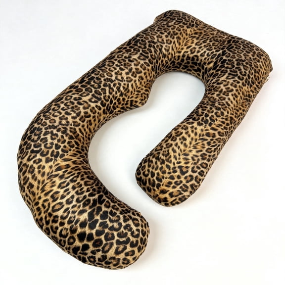 J-Shaped Maternity Pillow 65"x16"x8" - Full Body Support for Back, Hip & Belly, Leopard Heart Print