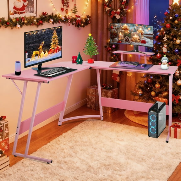 Shaped Gaming Desk 50 Inches Corner Computer Desk, Home Office Desk with Large Desktop Gaming Table for Home and Work Place,Pink