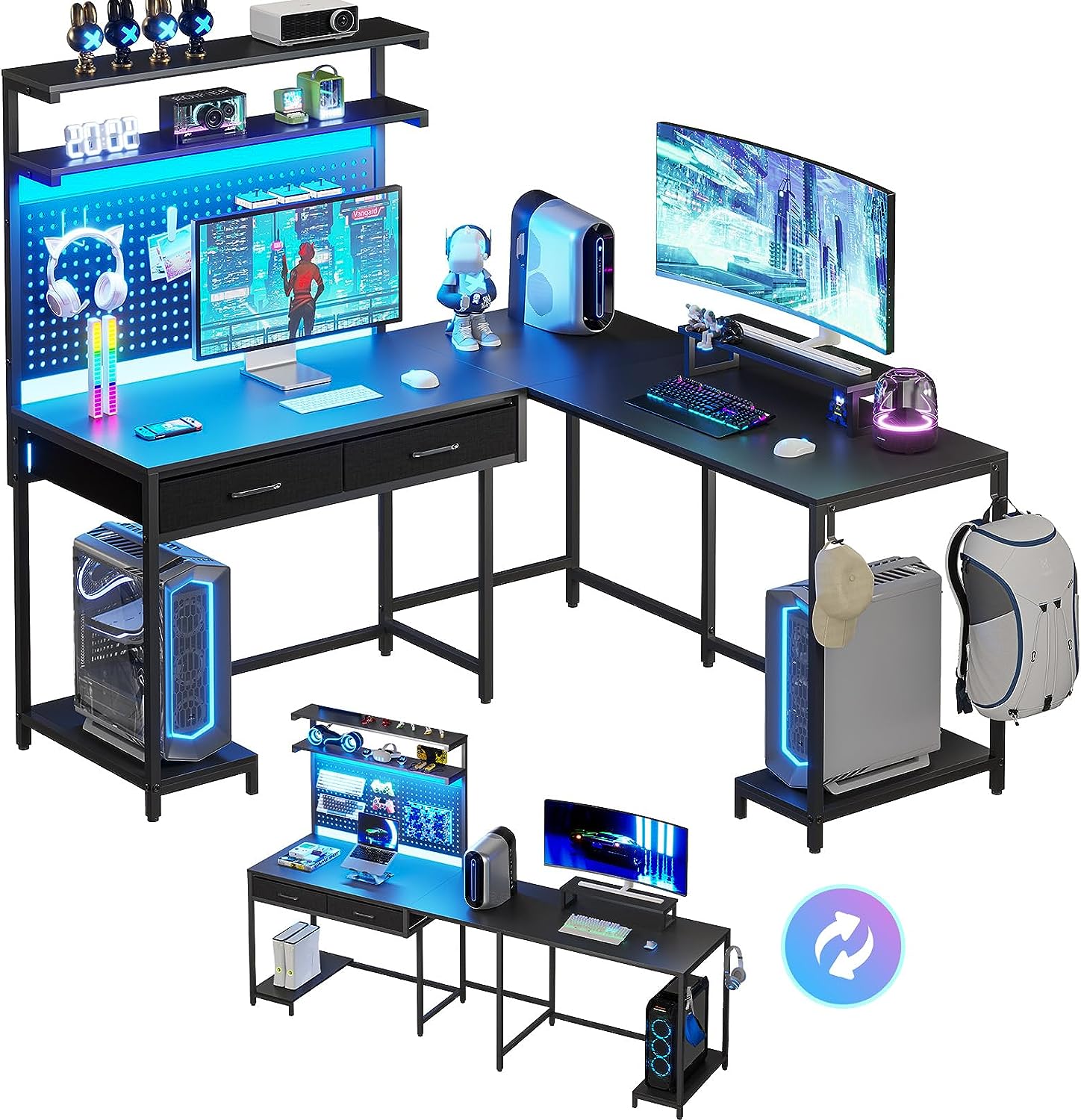 Shaped Gaming Desk with LED Lights and Drawers, Gaming Desk with Hutch