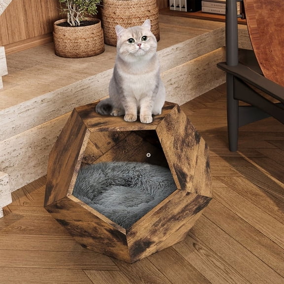 Shaped Modern Pet Furniture Cat Kennel Side Table - MDF Multi-Purpose Furniture - Antique Wood Color - 25.98" x 25.98" x 21.07"