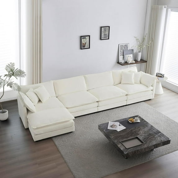 Shaped Oversized Sectional Sofa Modern Deep Seat Reversible Chaise Sofa&Couch with Movable Ottoman, Modular Sleeper Upholstered Couch for Living Room, Apartment, Studio, Office, 146.5", White/L