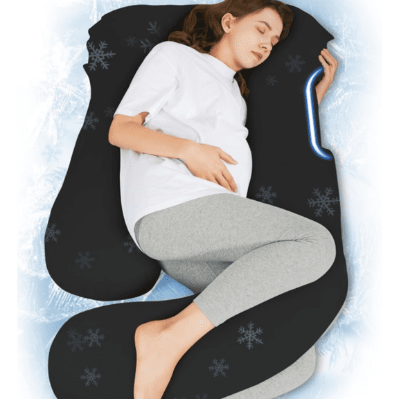 Shaped Pregnancy Pillow for Sleeping - Full Body Maternity Support Pillow with Cooling Removable Cover - Comfort for Back, HIPS, Legs, Belly - 57 Inch for Pregnant Women, Black